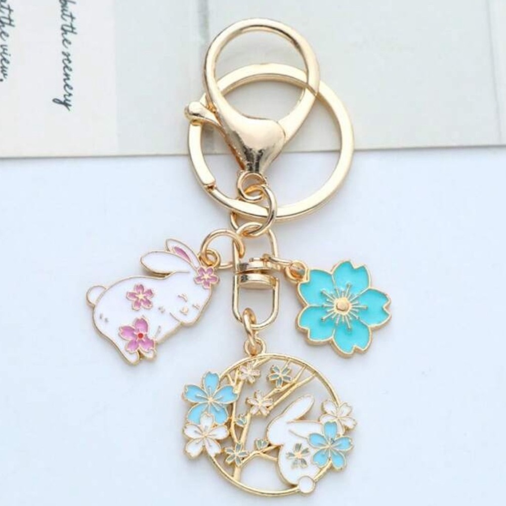 Gold Bunny and Flower Keychain